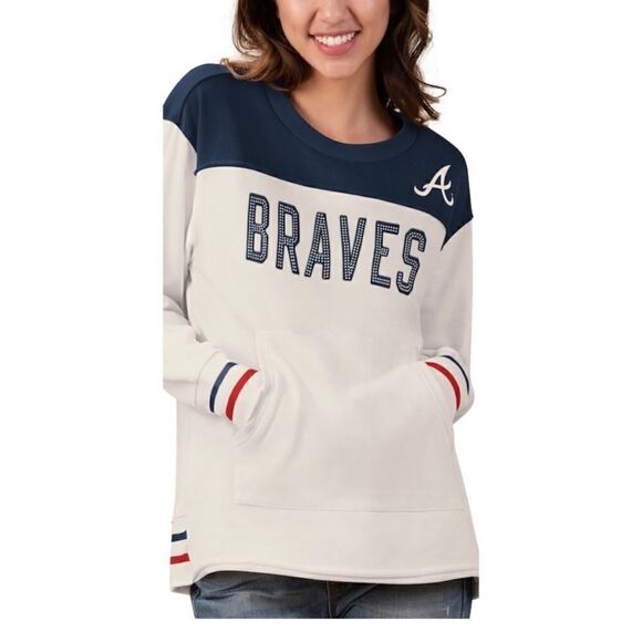Atlanta Braves Touch Women's  Free Agency Pullover Sweatshirt - Cream/Navy S - Picture 1 of 5